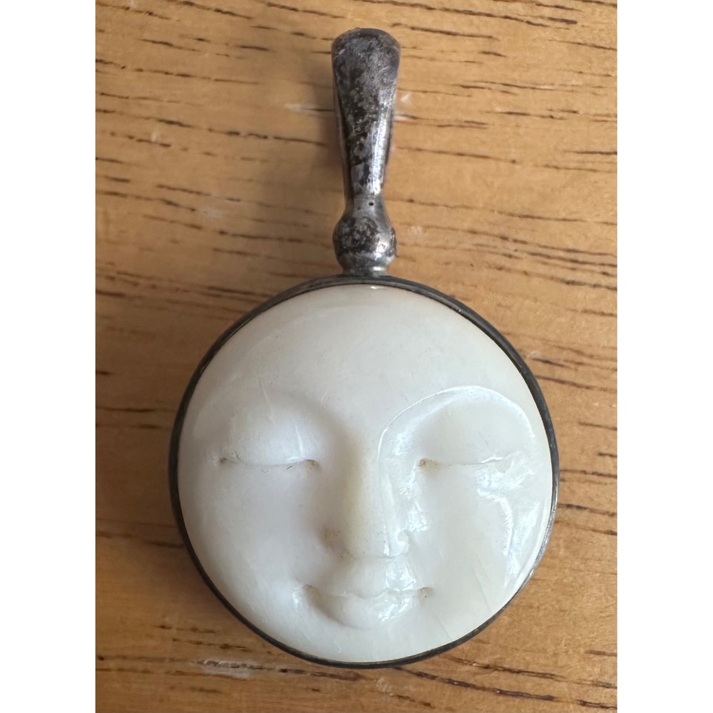 Sajen Sterling Silver 925 Carved Bone Moon Face Pendant Celestial White Charm OS